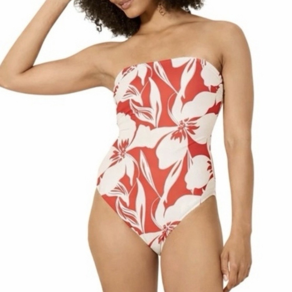 NWT Shade & Shore Floral One Piece Swimsuit Red Cream Bandeau Lined Womens Large